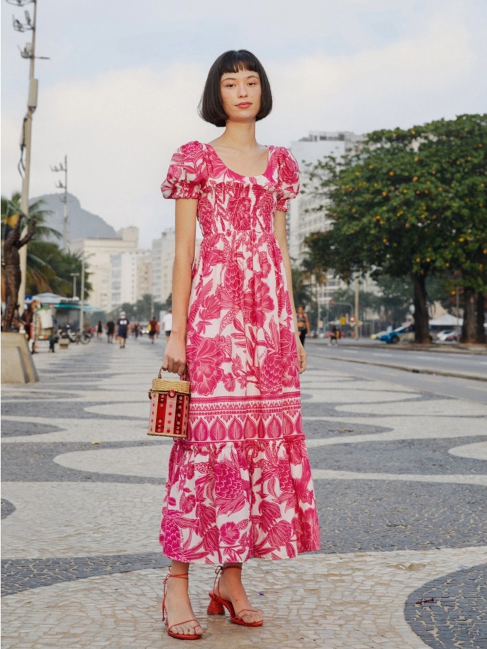 NWOT Farm Rio Pink Tropical Woodcut Maxi Dress